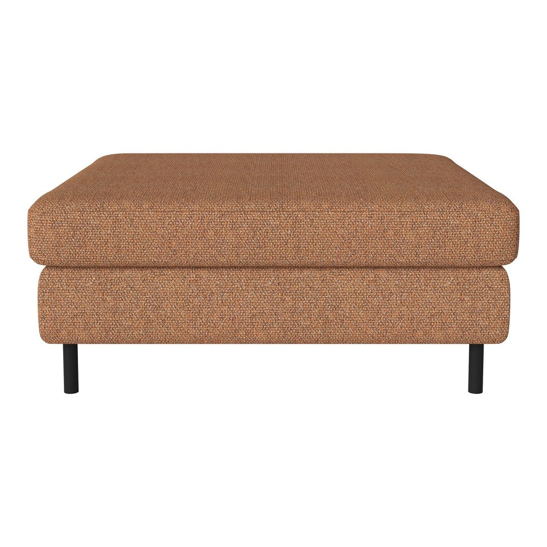 Brown upholstered ottoman with a textured finish and sleek black legs. Perfect for any modern living space.