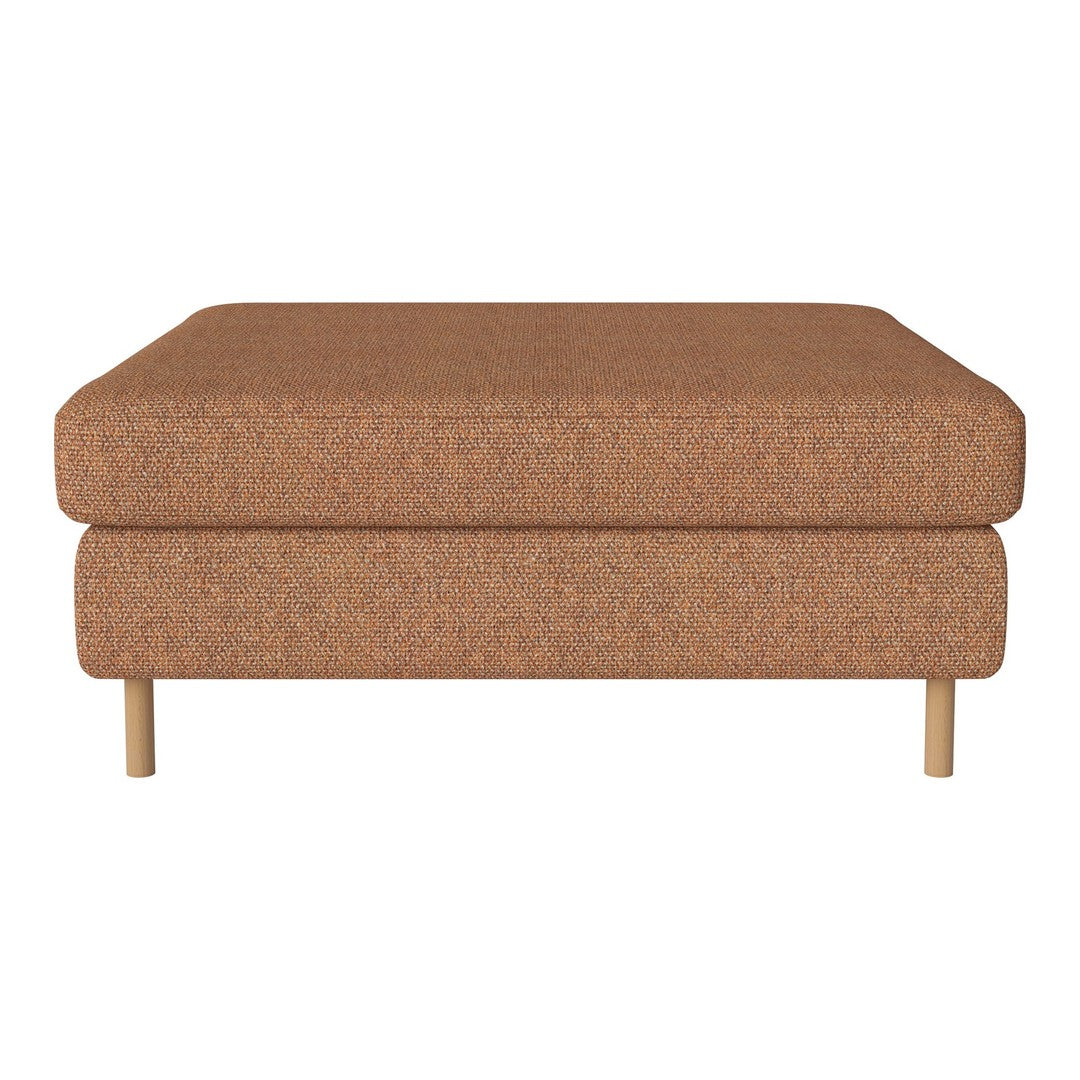 Brown textured ottoman with a minimalist design and light wooden legs, ideal for modern home decor.