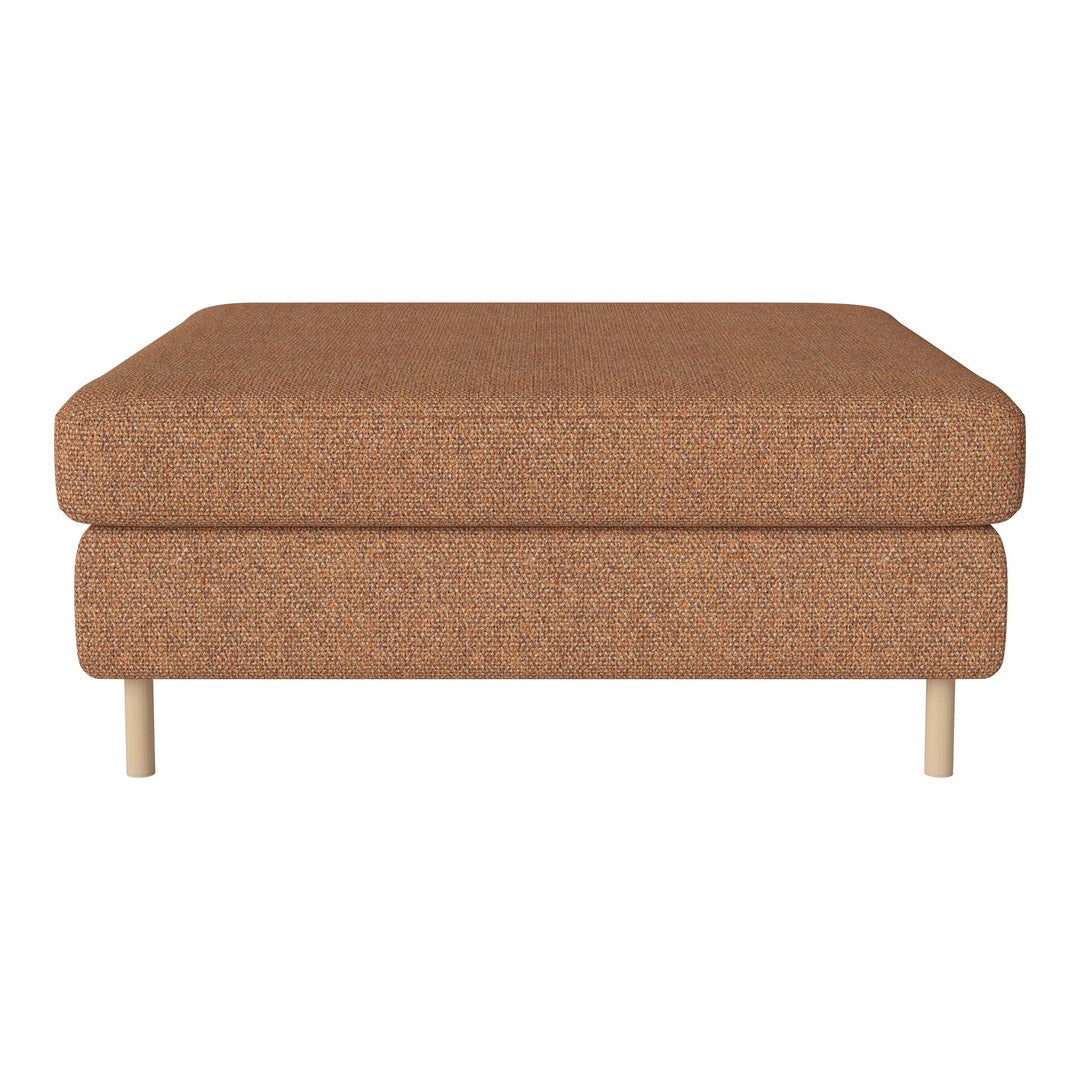 Tan upholstered ottoman with a textured fabric and natural wood legs, ideal for modern home décor.