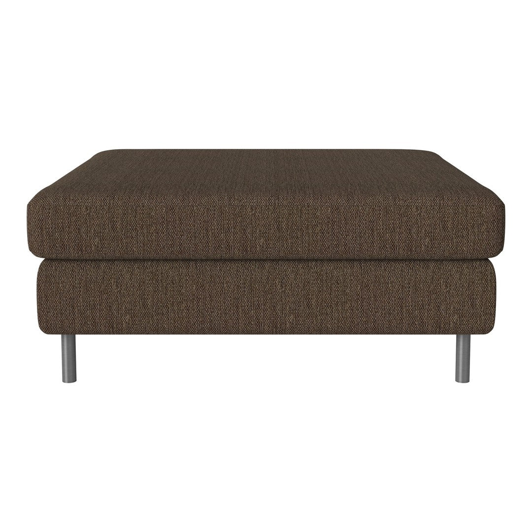 Brown tufted ottoman with a textured fabric finish and sleek silver legs. Perfect for modern decor.