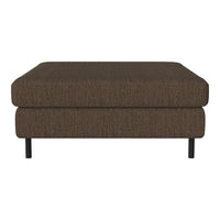Brown upholstered ottoman with a textured fabric and black legs. Ideal for modern living spaces.