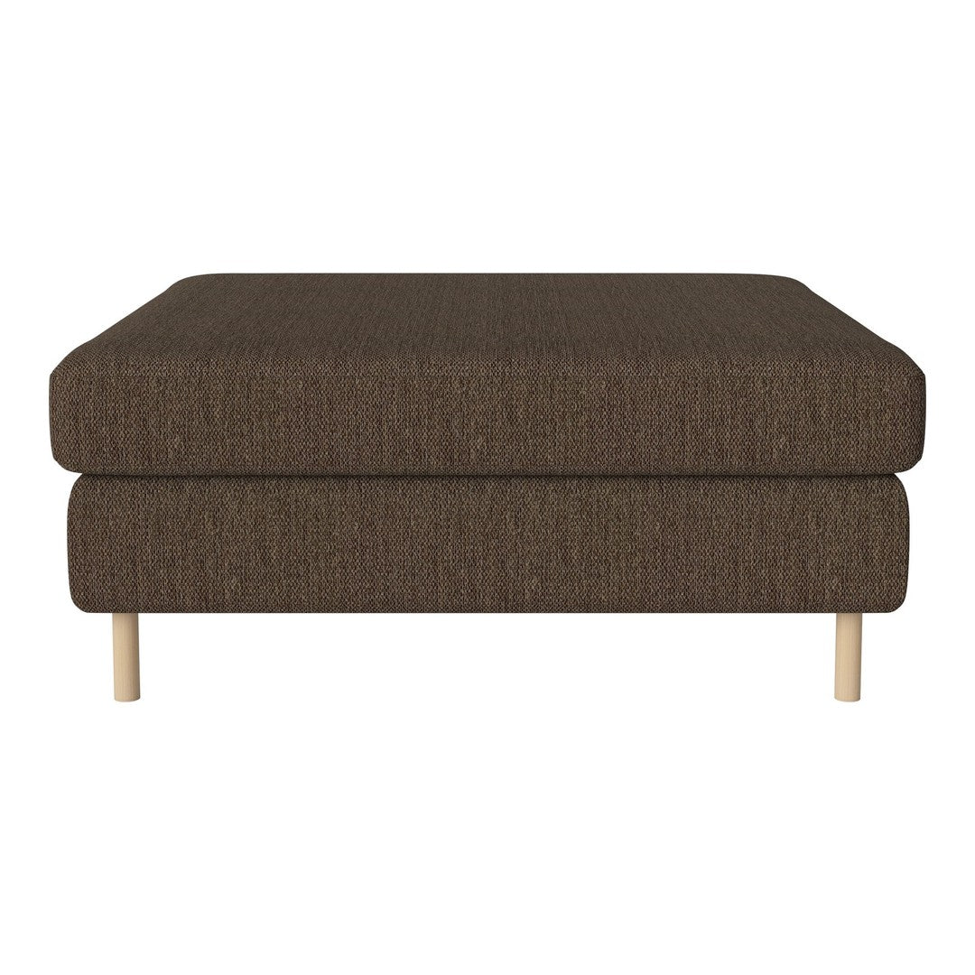 Brown upholstered ottoman with a textured fabric and wooden legs, featuring a sleek, modern design.