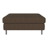 Brown upholstered ottoman with a textured fabric and sleek silver legs. Perfect for modern living spaces.