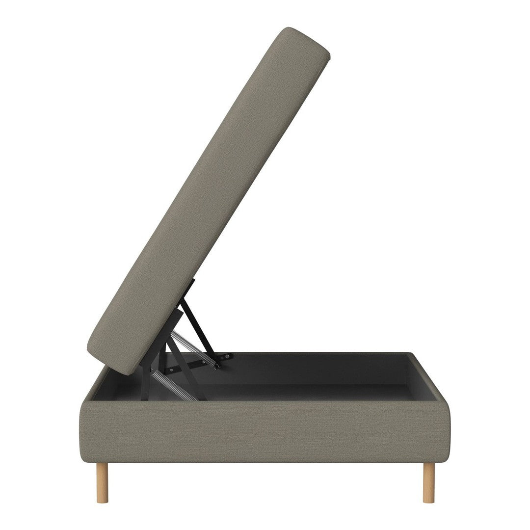 Stylish gray upholstered storage bed with a clean design and wooden legs, featuring a modern, minimalist aesthetic.