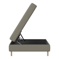 Stylish gray upholstered storage bed with a clean design and wooden legs, featuring a modern, minimalist aesthetic.