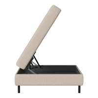 Beige upholstered storage bed with a simple, modern design, featuring a clean, textured pattern and black base.