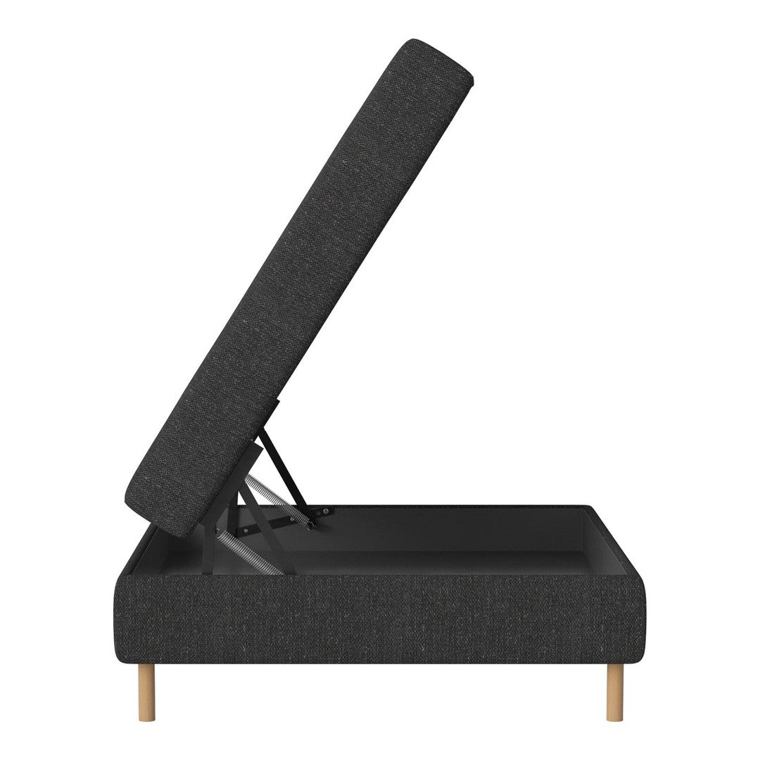 "Gray upholstered storage ottoman with a simple design and natural wooden legs."