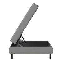 Gray upholstered lift-top storage bed with a sleek, minimalist design and black metal legs.