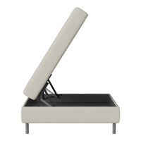 Beige upholstered storage bed frame with a clean, modern design and a subtle textured pattern.