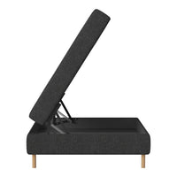 Modern gray upholstered storage ottoman with a minimalist design and natural wood legs.