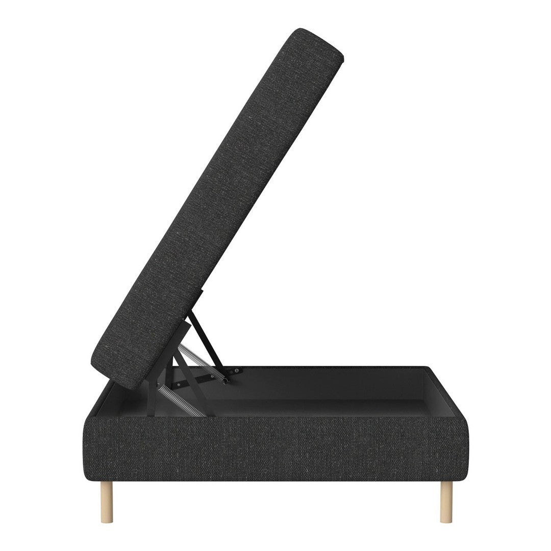 Gray upholstered storage bed with a sleek, minimalist design and natural wood legs. Modern and functional style.