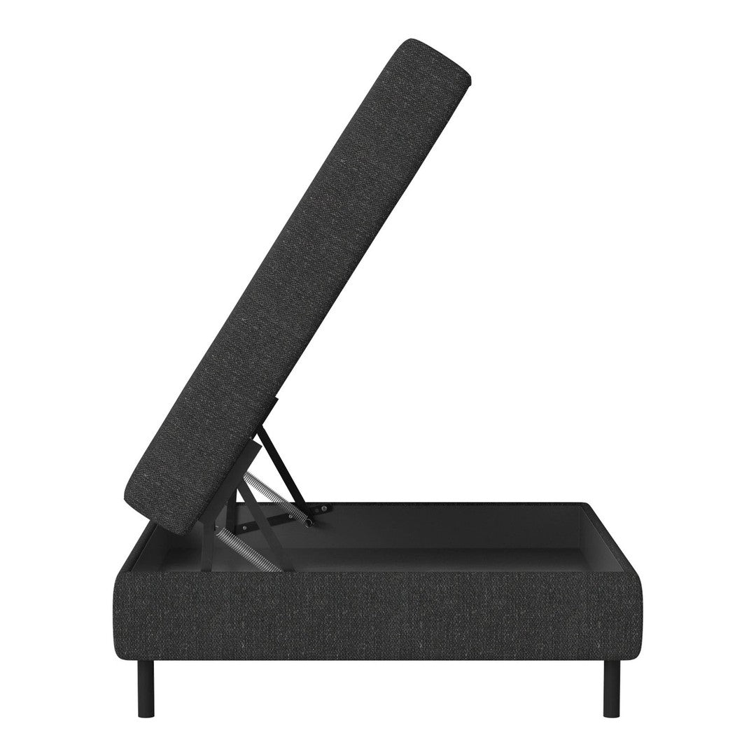 Gray upholstered lift-top storage bed with a textured fabric and sleek black legs. Ideal for modern interiors.