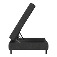 Gray upholstered lift-top storage bed with a textured fabric and sleek black legs. Ideal for modern interiors.