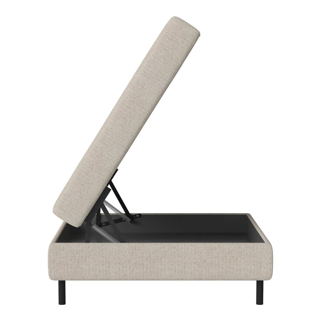 Light beige fabric storage bed with a sleek, minimalist design and black interior, featuring an open lift-top.