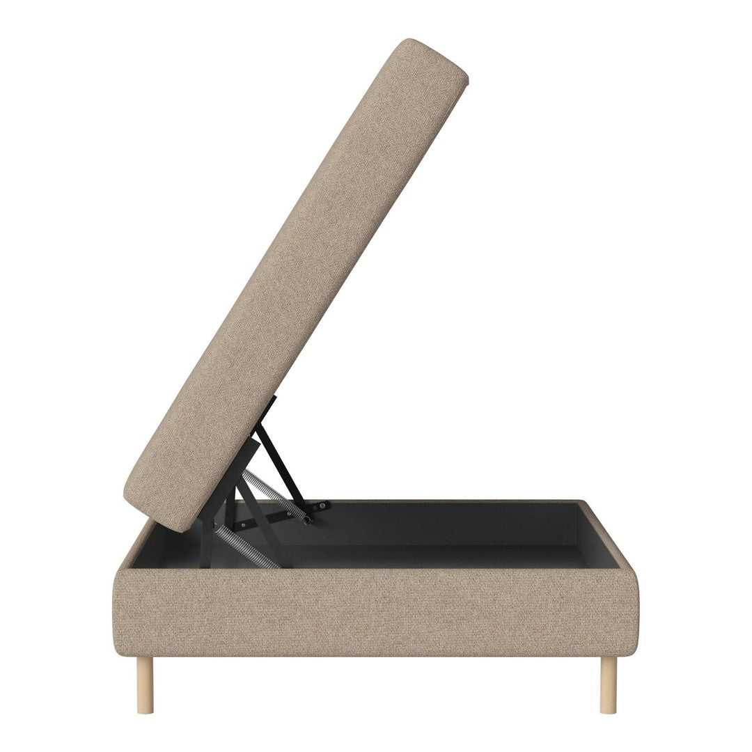 Beige upholstered storage bed with a clean, modern design and natural wood legs, showcasing a minimalist aesthetic.