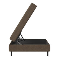 Brown upholstered bed frame with a textured fabric, featuring a sleek modern design and black metal legs.