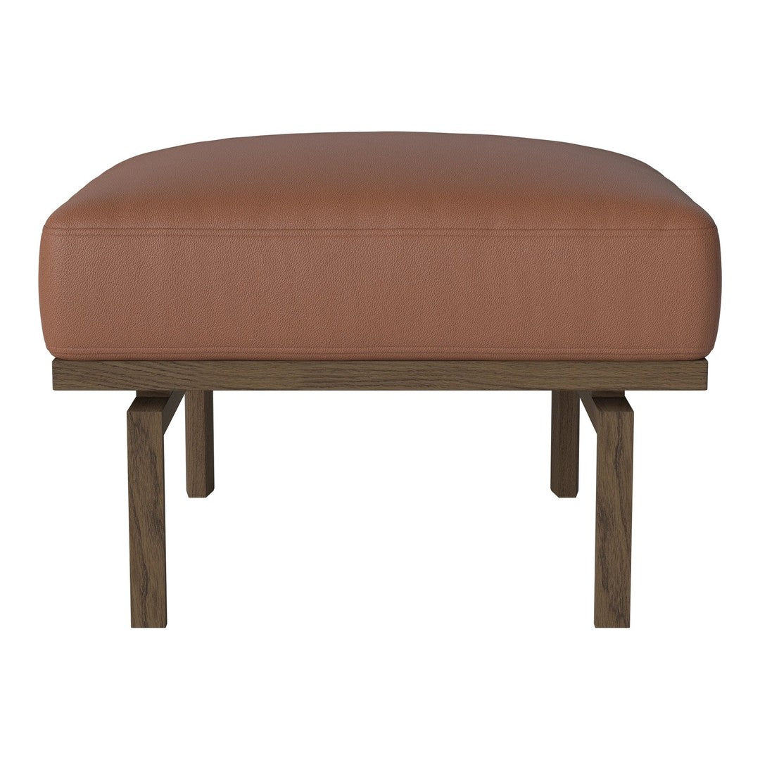 Brown leather ottoman with a smooth texture and wooden legs, perfect for modern interiors.