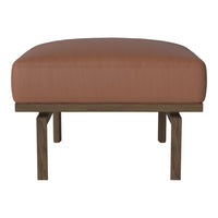 Brown leather ottoman with a smooth texture and wooden legs, perfect for modern interiors.