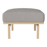 Gray upholstered ottoman with a smooth texture and natural wooden legs, featuring a minimalist design.