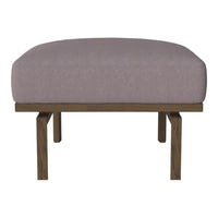 Pink upholstered ottoman on wooden legs, featuring a smooth, solid-patterned top and a minimalist design.