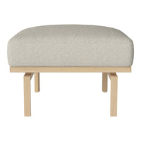 Beige upholstered ottoman with a simple wood base, ideal for modern and minimalist decor.