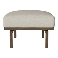 Cream-colored upholstered ottoman with a minimalist wood base. Simple, modern design, ideal for any decor.