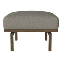 Gray upholstered ottoman with a smooth texture and natural wood legs, offering a modern, minimalist design.