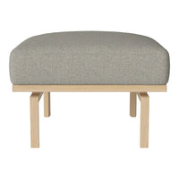Light gray upholstered ottoman with subtle textured pattern and natural wood base.