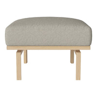 Cream upholstered ottoman with a textured finish, supported by a light wood frame. Modern and minimalist design.