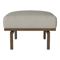 Light beige upholstered ottoman with a smooth texture and dark wooden legs. Clean and modern design.