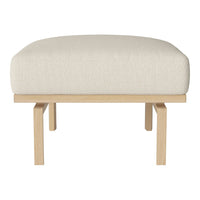 Cream upholstered ottoman with a simple, modern design and natural wood legs. Ideal for any contemporary space.