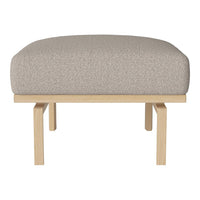 Light beige upholstered ottoman with a textured pattern and natural wood legs. Ideal for modern decor.