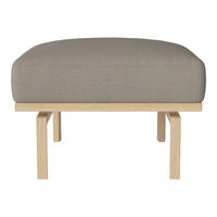 Gray upholstered ottoman with a smooth texture and natural wood legs. Ideal for modern interior decor.