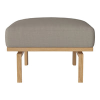 Light gray upholstered ottoman with a textured pattern and natural wood legs. Ideal for stylish living spaces.