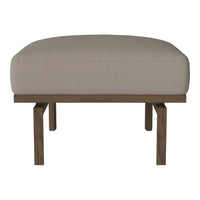 Beige upholstered ottoman with a smooth surface and dark wooden legs, featuring a simple and modern design.