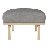 Gray upholstered ottoman with a smooth texture and natural wooden legs, perfect for modern decor styles.