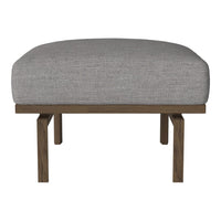 Gray upholstered ottoman with a smooth texture and natural wood legs, perfect for modern or minimalist decor.