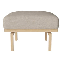 Beige upholstered ottoman with a simple wood frame, featuring a smooth, modern design.