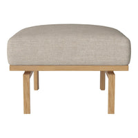 Neutral beige upholstered ottoman with a minimalist wooden frame. Soft texture and simple design for versatile decor.
