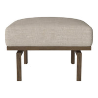 Beige upholstered ottoman with a smooth texture and dark wooden legs, featuring a minimalist design.