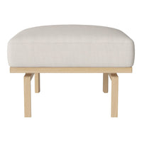 Light beige upholstered ottoman with a smooth finish and natural wooden legs. Minimalist design for versatile decor.