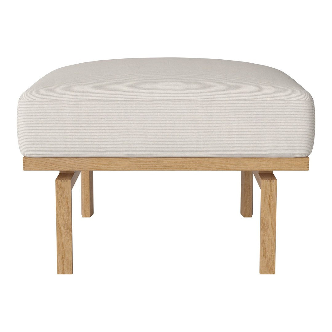 "Off-white upholstered ottoman with light wooden legs, featuring a simple, modern design."