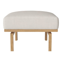 "Off-white upholstered ottoman with light wooden legs, featuring a simple, modern design."