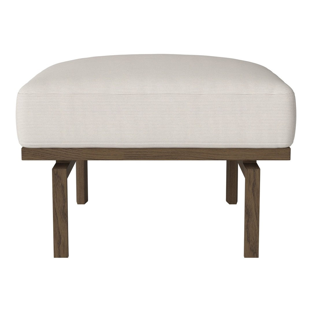 Beige upholstered ottoman with a smooth finish and dark wood legs, perfect for modern decor.