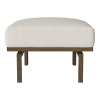 Beige upholstered ottoman with a smooth finish and dark wood legs, perfect for modern decor.