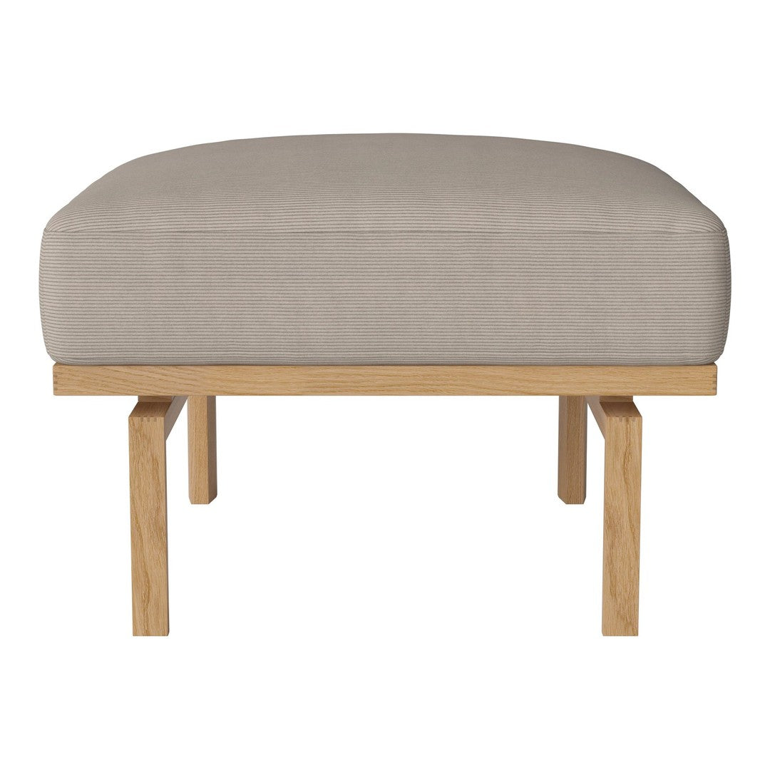 Light gray upholstered ottoman with a simple, modern design and natural wood legs. Ideal for contemporary decor.