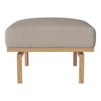 Light gray upholstered ottoman with a simple, modern design and natural wood legs. Ideal for contemporary decor.