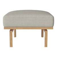 Light gray upholstered ottoman with a smooth fabric and natural wooden legs. Simple, modern design for versatile use.