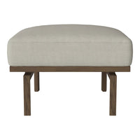 Cream fabric ottoman with a sleek, minimalist design and warm wood legs. Perfect for versatile home decor.