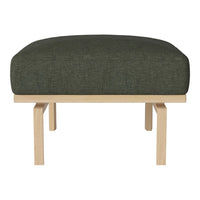 Olive green upholstered ottoman with textured fabric and light wood legs. Modern design for versatile decor.